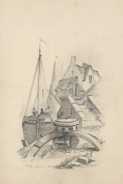 Pencil exercise, no. 8 – sailboat and waterfront by Richard Sanger Smith, 1845 — digital art print download