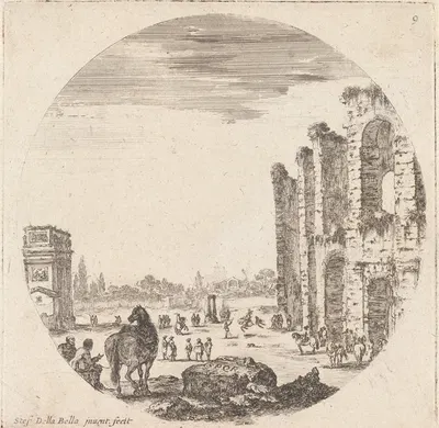 A droite, une partie du Colisée, et à gauche, l'arc de Constantin, vue de flanc by Stefano Della Bella, 1601-1700 — digital…