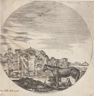Le pâtre qui dort couché par terre, sur le devant, à droite. by Stefano Della Bella, 1601-1700 — digital art print download