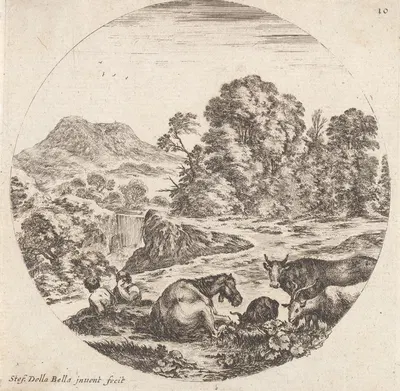 Sur le devant, un cheval couché, deux chèvres et une vache debout et deux pâtres assis by Stefano Della Bella, 1601-1700 —…