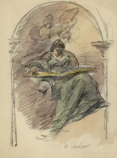 Study drawing for mural of woman reading by Walter Shirlaw — digital art print download
