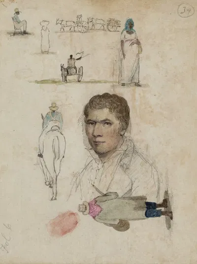 Eight small drawings, inclulding portrait, figure studies, carts by Уильям Берриман, 1808-1816 — digital art print download