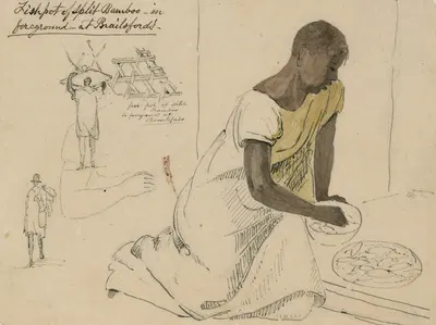 Fishpot of split bamboo, in foreground at Brailsford's, Jamaica by Уильям Берриман, 1808-1816 — digital art print download