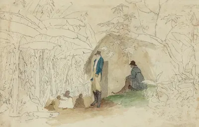 Negro hut with figures in plantain walk by Уильям Берриман, 1808-1816 — digital art print download