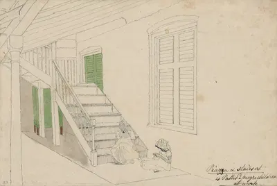Piazza & stairs at 4 paths, 2 negro children at work, Jamaica by Уильям Берриман, 1808-1816 — digital art print download