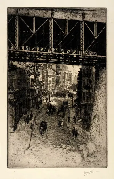 Уличная сцена под стальным мостом by Шарль Фредерик Уильям Мелятц, 1904 — digital art print download