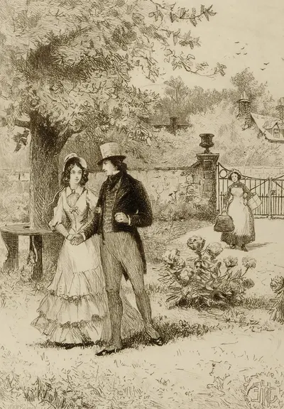 Couple walking in a garden by William Harry Warren Bicknell — digital art print download