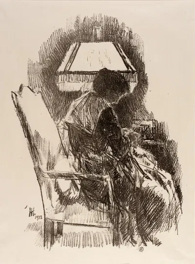Mrs. Hassam, Knitting by Чайлд Хассам, 1918 — digital art print download