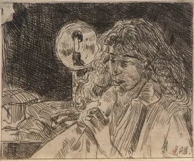 Sewing by Candlelight by Джулиан Олден Уир, 1889 — digital art print download