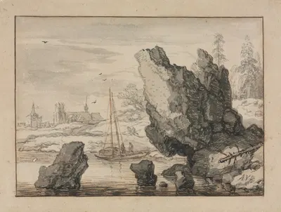 A Rocky Cove with Fishing Boats by Allaert van Everdingen — digital art print download