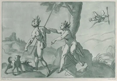 Venus and Adonis, nude in a landscape with a dog at left and Cupid at upper right by Andrea Scacciati — digital art print…