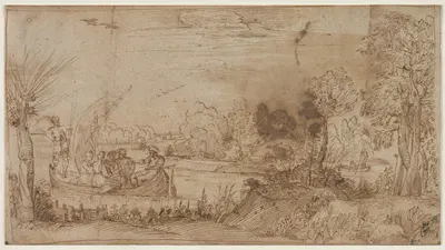 River Landscape with Boats by Annibale Carracci, c. 1590 — digital art print download