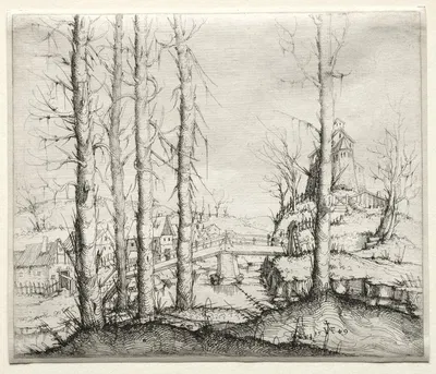River Landscape with Five Bare Spruce Trees in the Foreground by Augustin Hirschvogel, 1549 — digital art print download