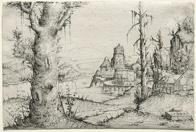 River Landscape with Large Tree at Left by Augustin Hirschvogel, 1546 — digital art print download