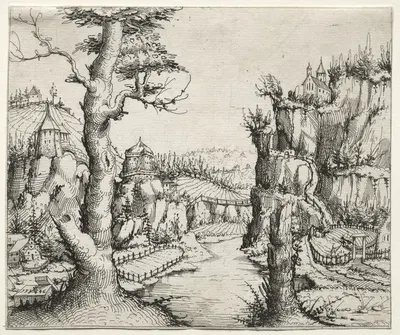 River Landscape with Rocks at Left and Right by Augustin Hirschvogel, 1546 — digital art print download