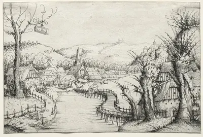 River Landscape with Three Bare Willow Trees at Right by Augustin Hirschvogel, 1546 — digital art print download