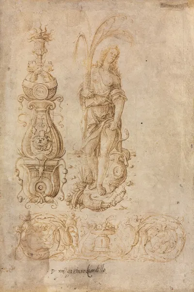 Design for a Candelabrum, Allegorical Figure of Abundance, Ornamental Relief Design by Бернардо Парентино — digital art…