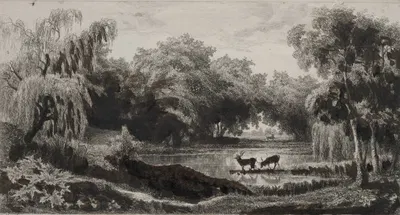 The Pool with Stags by Шарль Франсуа Дюбини, 1845 — digital art print download
