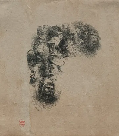Group of Heads, after Greuze by Шарль Эмиль Жак, c. 1846 — digital art print download