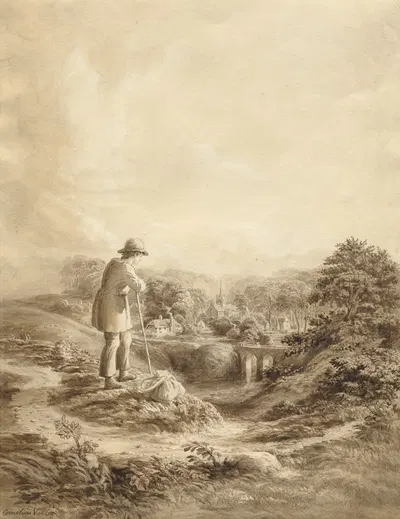 Landscape with Figure in Foreground by Корнелиус Варли, c. 1840 — digital art print download