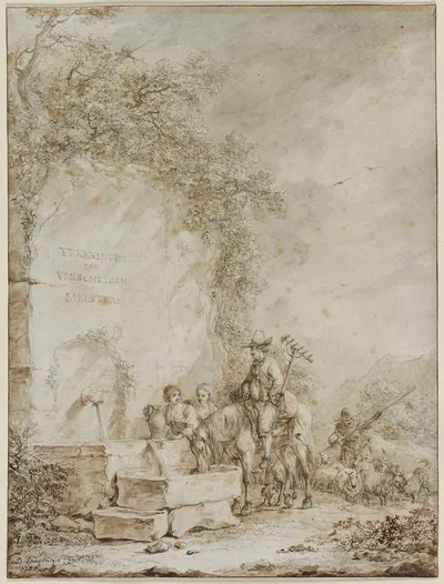Peasants at a Fountain by Dirk Langendijk, 1784 — digital art print download