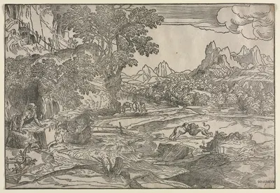 Landscape with Saint Jerome and Two Lions by Domenico Campagnola — digital art print download