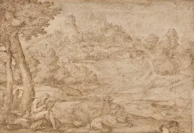 Saint Jerome in a Landscape by Domenico Campagnola, c. 1530 — digital art print download