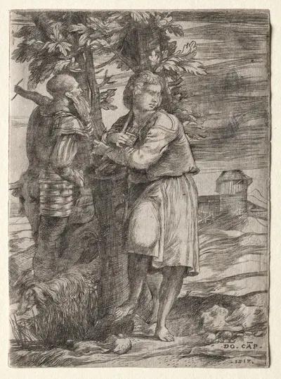 Shepherd and Old Warrior by Domenico Campagnola, 1517 — digital art print download