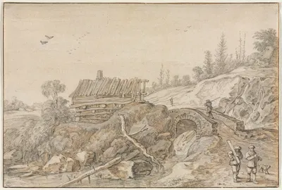 Hilly Landscape with Hut Beside a Stream by Эсайас ван де Вельде, 1627 — digital art print download