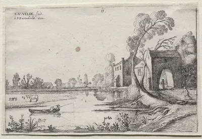 Landscape with a River and a Gatehouse by Эсайас ван де Вельде, 1614 — digital art print download