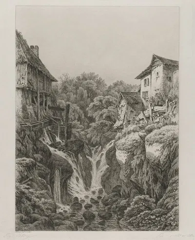 The Mill and Waterfall of Grésy near Aix-les-Bains by Евгений Блери, 1856 — digital art print download