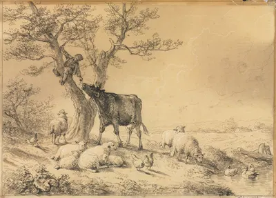 Landscape with Animals and Boy in Tree by Южен Жозеф Вербокховен, 1866 — digital art print download
