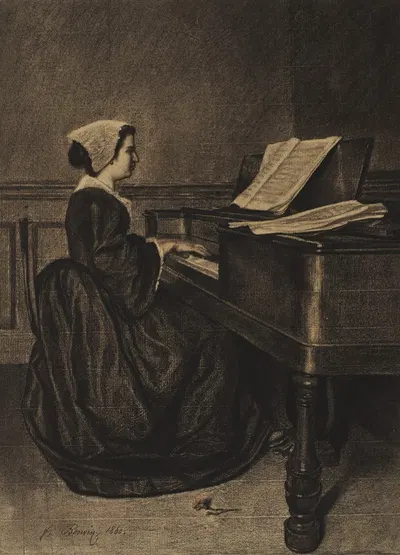 Woman at the Spinet by Франсуа Бонвен, 1860 — digital art print download