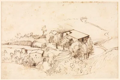 Farm with Trees in a Hilly Landscape by Джерардо Чибо, 1567 — digital art print download