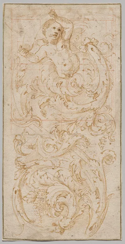 Design for a Frieze with a Putto and Acanthus Leaves by Джулио Романо, c. 1520 — digital art print download