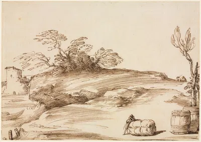 Landscape with a Man Leaning on a Bale by Guercino, c. 1640 — digital art print download