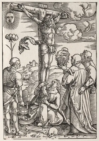 Christ on the Cross with Mary, St. John, Mary Magdalen and St. Stephen by Hans Baldung, 1505 — digital art print download