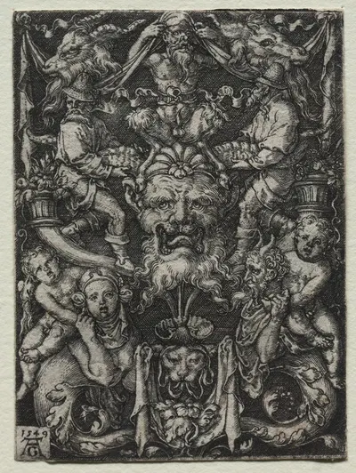 Ornament Design with a Mask, A Couple of Tritons, and Two Children Below by Генрих Альдегревер, 1549 — digital art print…