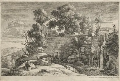 Landscape with a Woman Spinning by Герман ван Свейнвелт — digital art print download