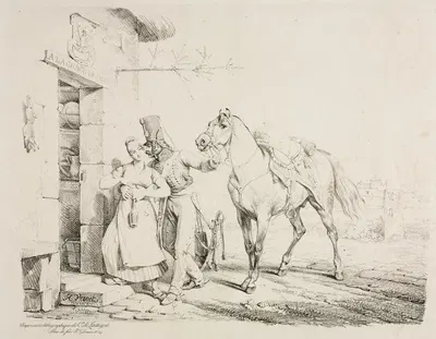 Hussar at the Door of a Cabaret, or Hussar Embracing a Servant by Гораций Верне, 1817 — digital art print download