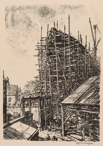 On the Clyde, 1917-1918; Building a Liner at Greenock by Muirhead Bone, 1917–1918 — digital art print download