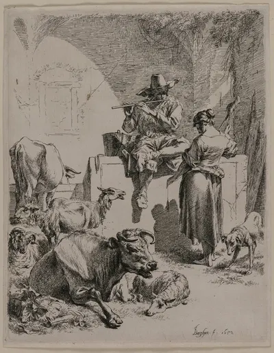 The Piping Shepherd by Николаес Питерсз. Берхем, 1652 — digital art print download