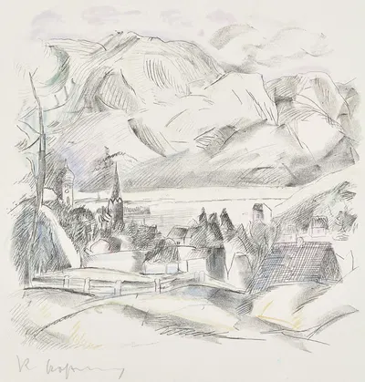 Landschaft mit Dorf am See vor Gebirge by Рудольф Гроссманн, 1916 — digital art print download