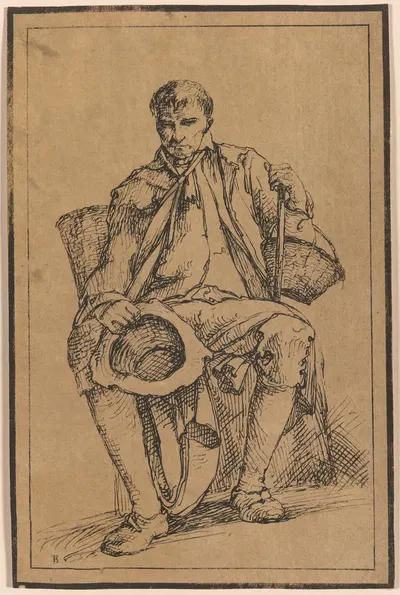 Seated Man with Baskets Holding Hat and Walking Stick by Томас Баркер, 1813 — digital art print download