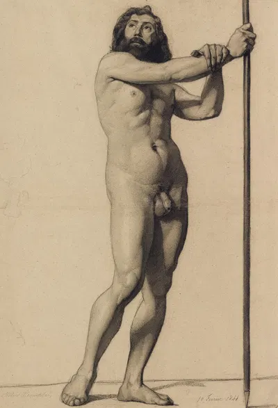 Academic Figure Study; Male Nude Holding A Staff by Alfred Stevens, 1844 — digital art print download