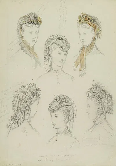 6 têtes féminines avec coiffes de dentelle, rubans, plumes et fleurs by Анаис Колен-Тудуз, 1862-1872 — digital art print…
