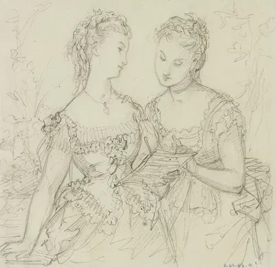 Deux jeunes filles en robes à volants lisant une lettre by Анаис Колен-Тудуз, 1873 — digital art print download