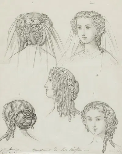 Ensemble de 5 coifures et coiffes by Анаис Колен-Тудуз, 1859 — digital art print download