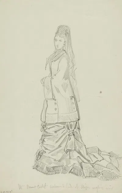 Femme avec coiffe à voile, en manteau boutonné sur les côtés sur longue robe ornée de noeuds et bordée d'un rang de vola by…