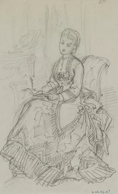 Femme en robe à volants, assise et lisant près d'une cheminée by Anaïs Colin-Toudouze, 1871 — digital art print download
